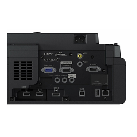 Rückseite eines Projektors mit Anschlüssen für HDMI, USB, Audio und Video, sowie einem Stromanschluss.