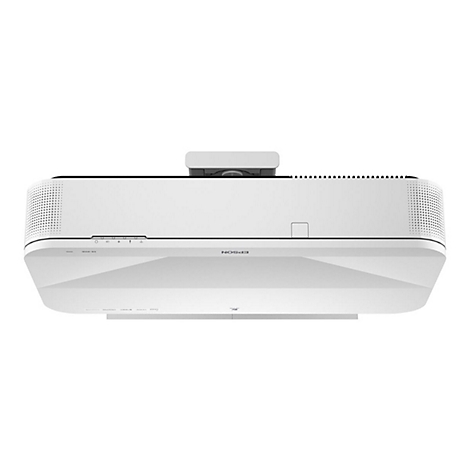 Weißer Epson-Projektor von oben, Logo. Runde Öffnungen, Bedienelemente.