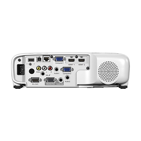 Nahaufnahme der Rückseite eines weißen Projektors mit diversen Anschlüssen und einem Lüfter. Beschriftungen: HDMI, Audio, Computer und RS-232C.
