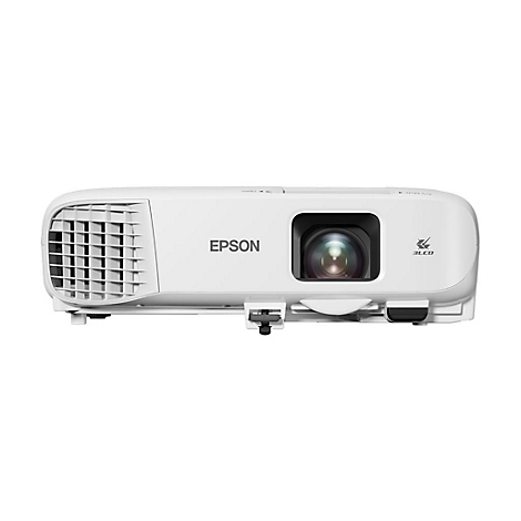 Weißer Epson-Projektor, zentral platziert. Das Objektiv ist fokussiert, das 3LCD-Logo ist rechts.
