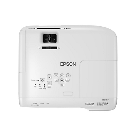 Weißer Epson-Projektor mit Knöpfen und Anschlüssen. "Epson"-Logo deutlich sichtbar. Mit HDMI-Anschluss.
