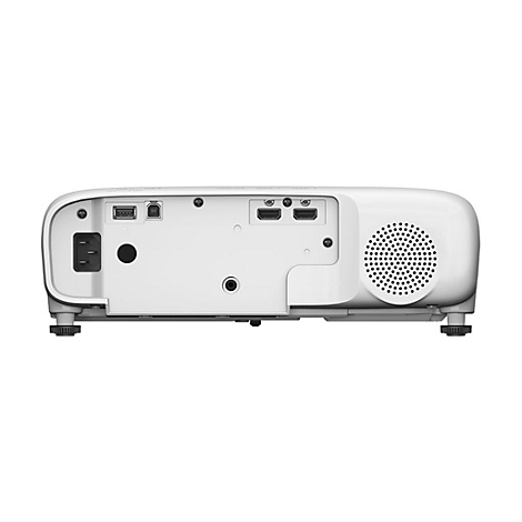 Weiße Projektor-Rückseite, Steckdose, USB-Anschlüsse, HDMI-Anschlüsse, Lautsprechergitter, schwarze Füße.