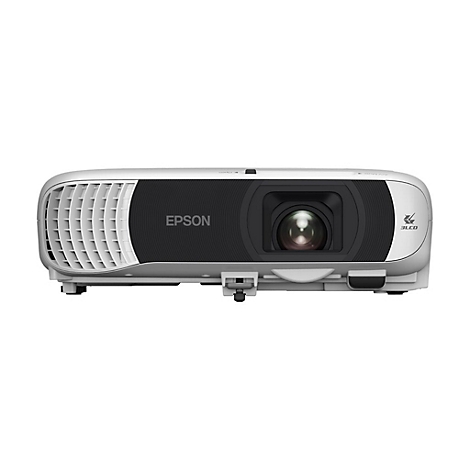Ein weißer Epson-Projektor vor weißem Hintergrund. Der Projektor hat ein schwarzes Objektiv und das Epson-Logo.