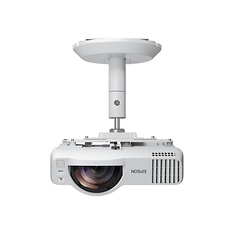 Weißer Epson Projektor mit Deckenhalterung vor neutralem Hintergrund.