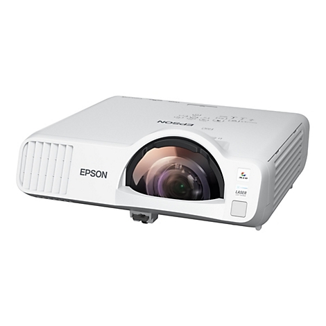 Weißer Epson Kurzdistanzprojektor mit großem, markantem Objektiv auf der Vorderseite.