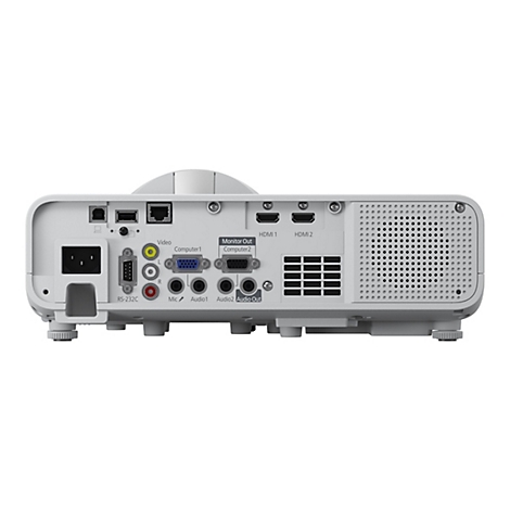 Rückseite eines hellgrauen Beamers mit verschiedenen Anschlüssen wie HDMI, VGA, Audio und Video.