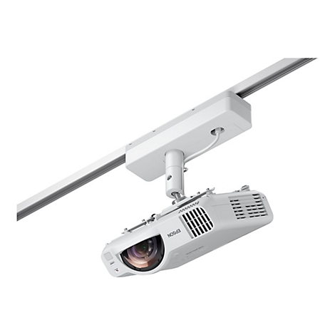Ein weißer Epson Projektor ist an einer Deckenstromschiene montiert und schräg nach unten ausgerichtet.