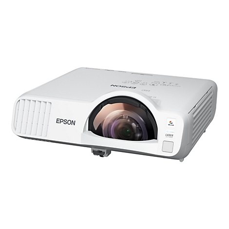 Weißer Epson Ultrakurzdistanz-Projektor vor neutralem Hintergrund.