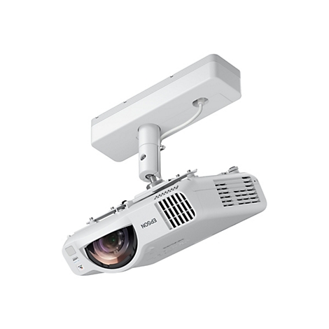 Ein weißer Epson Laser-Projektor, der an einer Deckenhalterung montiert ist und schräg in den Raum zeigt.