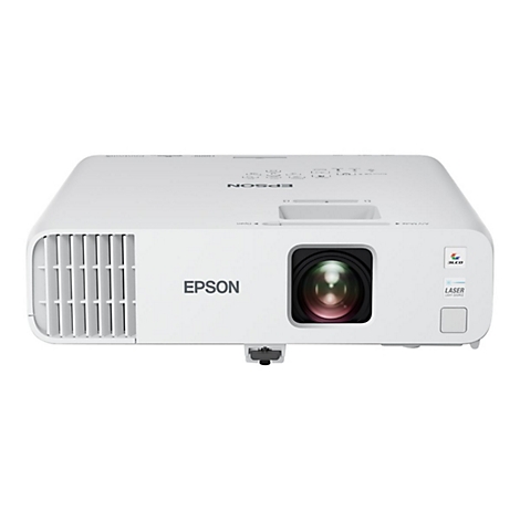 Weißer Epson Projektor mit Laser-Lichtquelle und zentralem Objektiv auf weißem Hintergrund.