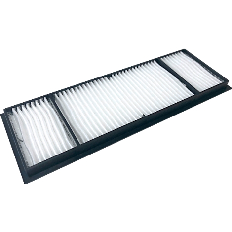A rectangular air filter, with white pleats in a black frame. It is on a white background.