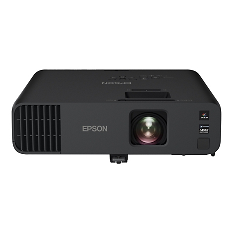 Schwarzer Epson-Laserprojektor mit 3LCD-Technologie in Frontansicht vor weißem Hintergrund.
