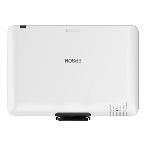 Weißer Epson-Projektor von oben gesehen. Das Logo ist mittig, darunter befindet sich eine Reihe von Indikatoren.