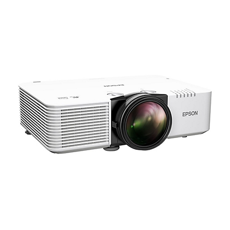 Weißer Epson-Projektor mit großem Objektiv, Markenlogo und seitlichen Belüftungsschlitzen.