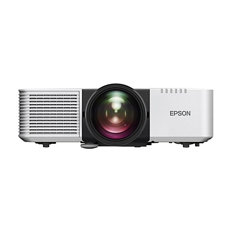 Ein weißer Epson-Projektor. Großes Objektiv in der Mitte, Firmenlogo rechts.