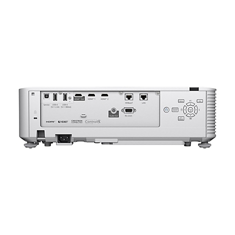 Rückseite eines weißen Projektors mit Anschlüssen für HDMI, USB und LAN. Bedienknöpfe mit Menü und Steuerung.