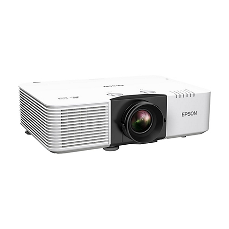 Weißer Epson Projektor mit Objektiv, Firmenlogo und Lüftungsschlitzen.