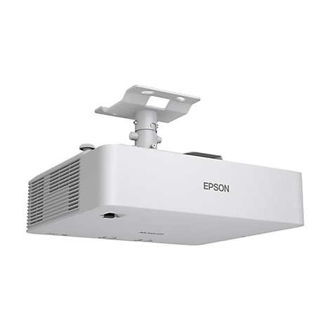 Weißer Epson-Projektor, an einer Halterung befestigt. Auf der Seite steht "EPSON".