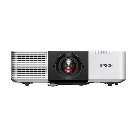 Ein weiß-schwarzer Epson-Projektor mit Objektiv, Lüftungsschlitzen und dem Epson-Logo.