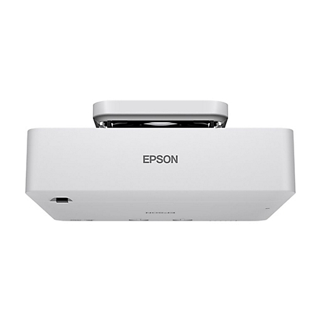 Weißer Epson-Projektor, von unten fotografiert, mit Logo. Schwarzer Lüfteranschluss oben.