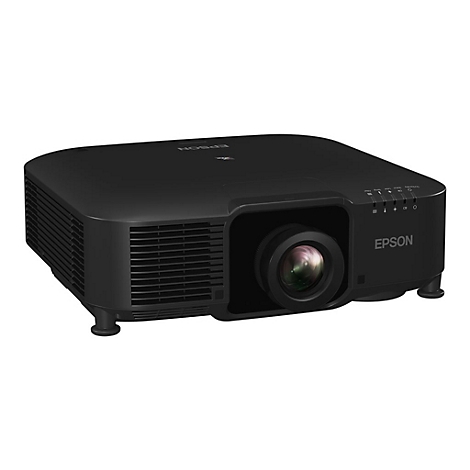 Schwarzer Epson-Projektor in Frontansicht vor weißem Hintergrund.