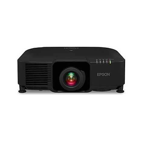 Schwarzer Epson-Projektor in Frontalansicht vor weißem Hintergrund.