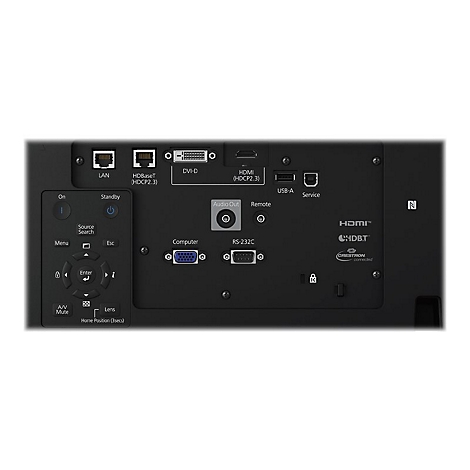 Rückseitiges Anschlussfeld eines Projektors mit verschiedenen Ports wie LAN, HDMI, DVI, USB und Bedienelementen.