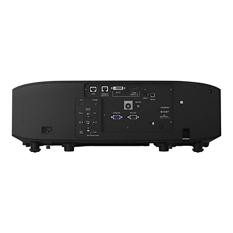 Rückseite eines schwarzen Projektors mit verschiedenen Anschlüssen, darunter LAN, HDMI, DVI-D und Steuertasten.