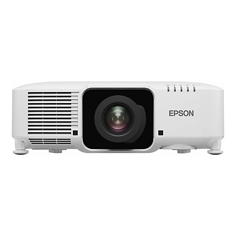 Weißer Epson Projektor in Frontalansicht vor neutralem Hintergrund.