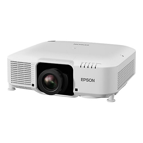 Weißer Epson Projektor mit schwarzer Linse vor neutralem Hintergrund.