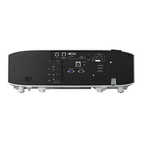 Rückseite eines weißen Projektors mit zahlreichen Anschlüssen wie HDMI, LAN, USB und einem Bedienfeld.