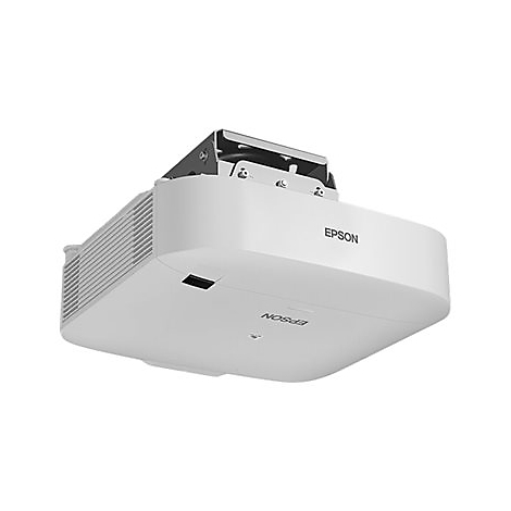 Weißer Epson Projektor mit Deckenhalterung vor neutralem Hintergrund.