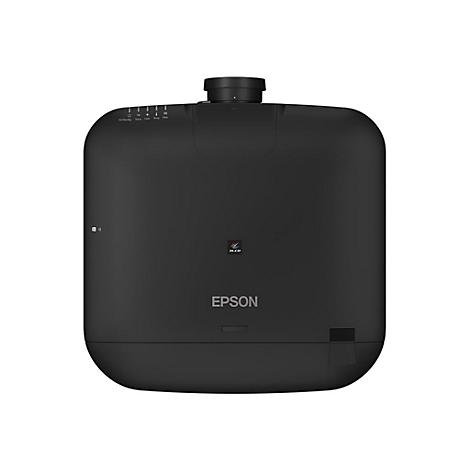 Schwarzer Epson-Projektor in der Draufsicht auf weißem Hintergrund.