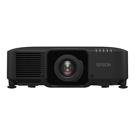 Schwarzer Epson-Projektor in der Frontalansicht vor weißem Hintergrund.