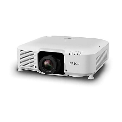 Weißer Epson Projektor mit schwarzer Linse auf weißem Hintergrund.