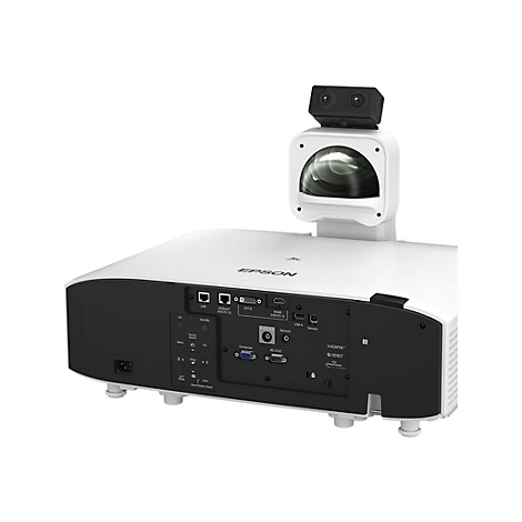 Rückansicht eines weißen Epson-Projektors mit Kameraaufsatz, Anschlüssen und Bedientasten vor neutralem Hintergrund.