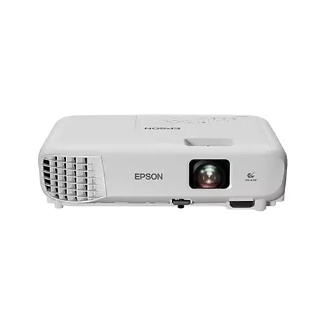 Weißer Epson-Beamer mit Objektiv, Logo und Lüftungsschlitzen.