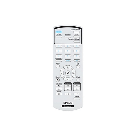 Fernbedienung für einen Epson Projektor, weiß, mit verschiedenen Tasten wie HDMI, Menu und Lautstärke.