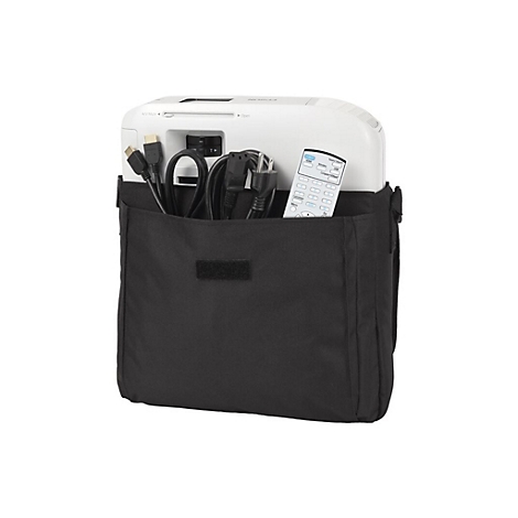 Projektor in schwarzer Tasche mit Kabeln und Fernbedienung. Oben steht "AV Mute", "Open".