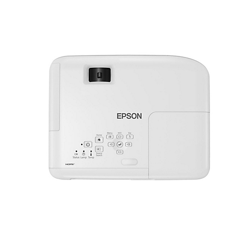 Weißer Epson Projektor von oben. Auf der Oberfläche befinden sich Bedienknöpfe und das Logo.
