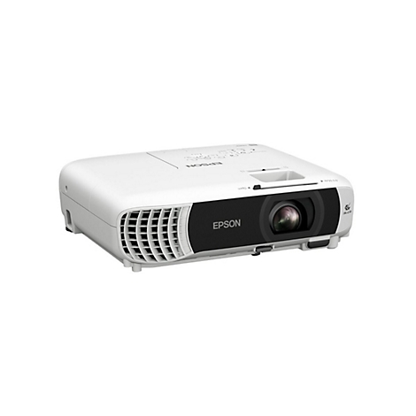Weißer Epson-Projektor mit schwarzer Front und EPSON-Schriftzug. Objektiv und Lüftungsschlitze sind deutlich zu sehen.