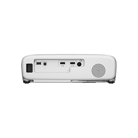 Rückseite eines weißen Projektors, mit Anschlüssen und Lüftung. Stromanschluss, USB, HDMI und Lautsprechergitter.
