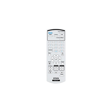 Nahaufnahme einer weißen Fernbedienung mit Tasten. Aufgedruckt: EPSON, Projektor.