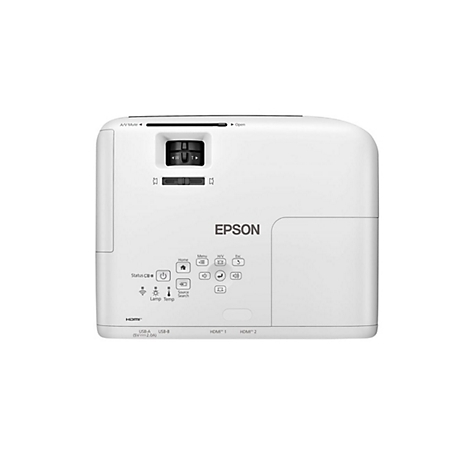 Weißer Projektor mit Bedienelementen und 'EPSON' Aufschrift. Oben Objektiv und Anschlüsse.