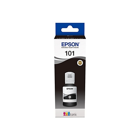 Epson Tinte 101, Schwarz, in Verpackung. Flasche mit weiÃŸem Deckel, umgeben von einer schwarz-weiÃŸen Schachtel, Markenlogo.