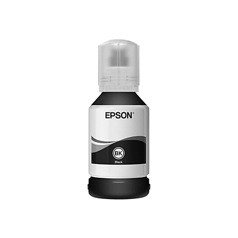 Schwarze Tinte fÃ¼r Epson Drucker, Flasche mit schwarzem Deckel. Aufdruck Epson, BK, Black.