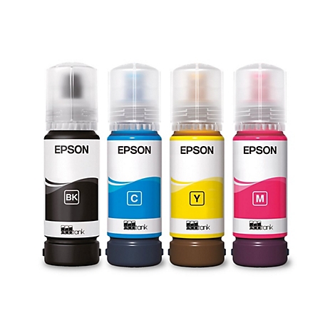 Vier Epson EcoTank Tintenflaschen in Schwarz, Cyan, Gelb und Magenta vor weißem Hintergrund.