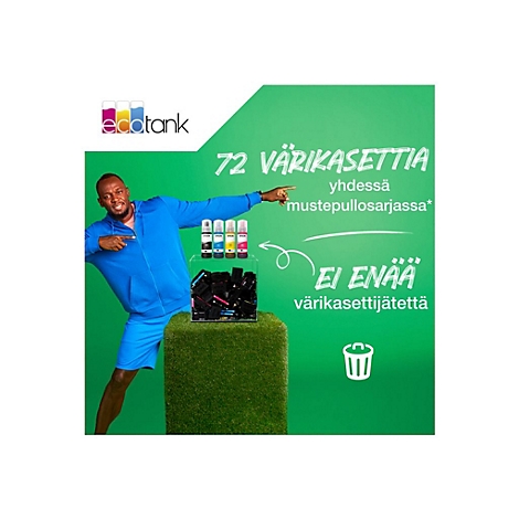 Mann in blauem Anzug zeigt auf Tintenpatronen und Text: 72 Farbkassetten. Kein Tintenpatronenabfall mehr.