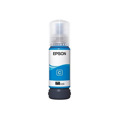 Blaue Epson-Tintenflasche, weißer Hintergrund. Aufschrift: Epson, C. Mit Ecofit-Logo.