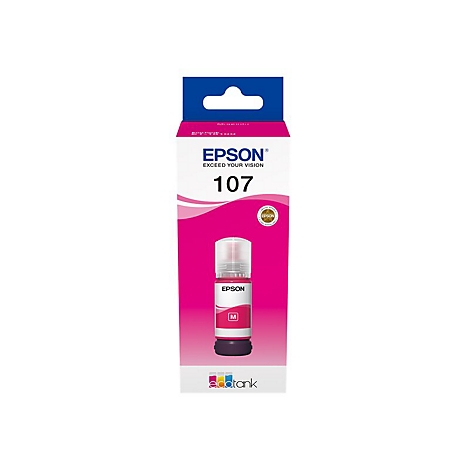 Epson Tinte 107 in pink, Verpackung mit Flasche.